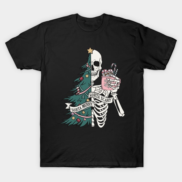 Sorta Merry Sorta Scary Skeleton Xmas Christmas Funny T-Shirt by ThatVibe